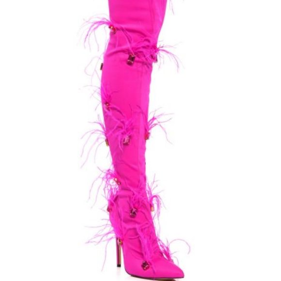 AZALEA WANG " FINESSED FEATHER EMBELLISHED " PINK BOOT (BRAND NEW!!) - Picture 6 of 9